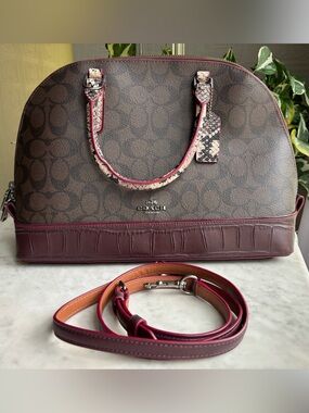 NWT Coach Sierra Burgundy and Brown Signature Dome Satchel with Mixed ExoticTrim